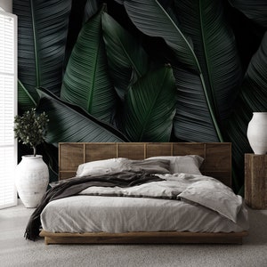 Dark tropical leaves wallpaper, wall mural | Wall Decor | Home Renovation | Wall Art | Peel and Stick Or Non Self-Adhesive Vinyl Wallpaper