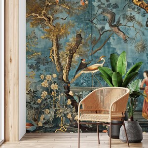 Bird and tree wallpaper | abstract botanical Wall Mural | Home Renovation | Wall Art | Peel and Stick Or Non Self-Adhesive Vinyl Wallpaper