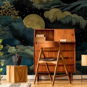 Mountain wallpaper, forest and moon Home Decor | Home Renovation | Wall Art | Peel and Stick Or Non Self-Adhesive Vinyl Wallpaper