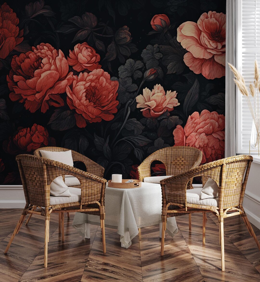Red Floral Wallpaper | Dark Botanical Wall Mural | Home Renovation ...