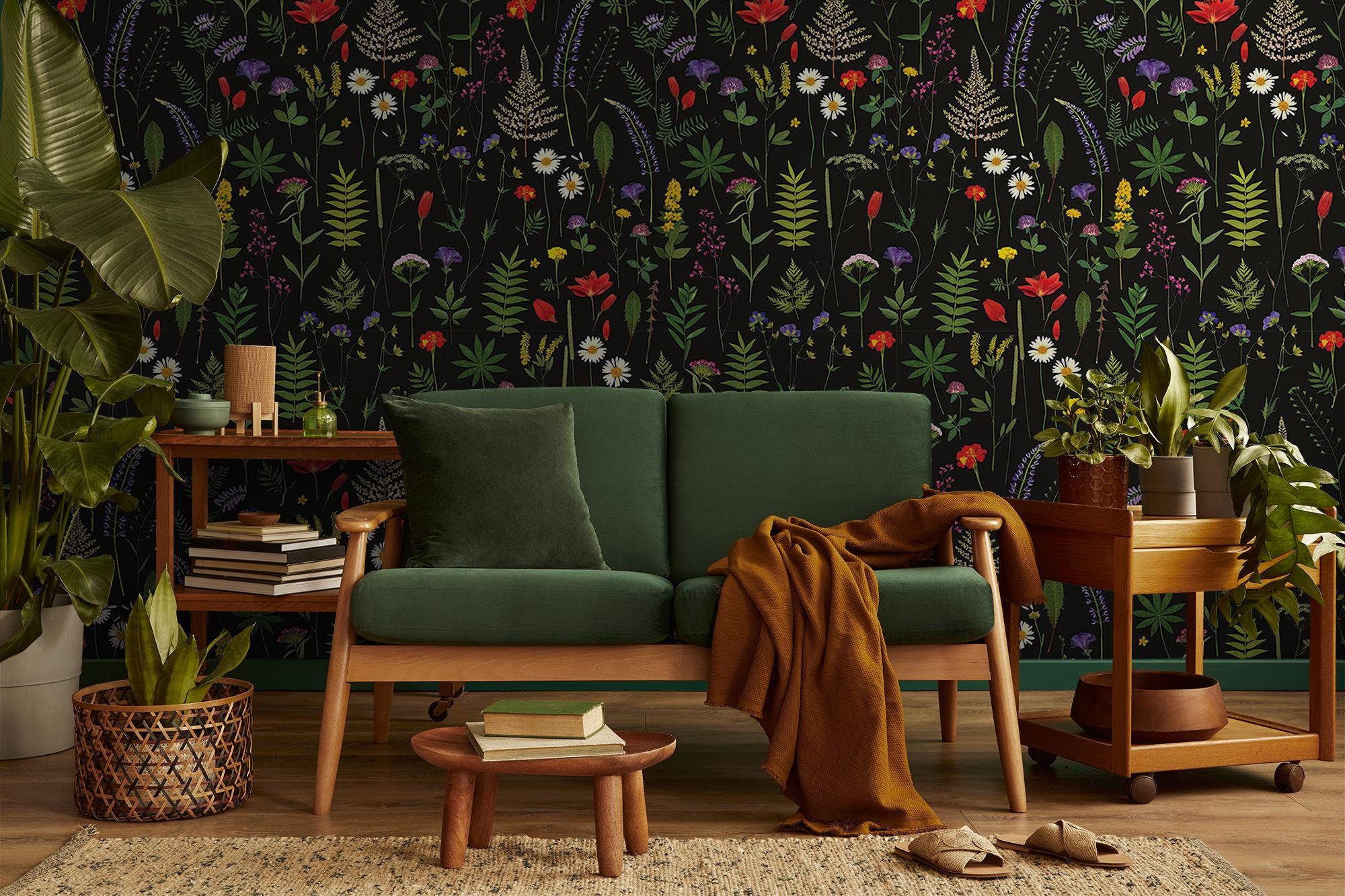 Herbs & flowers dark botanical wallpaper | Wall Decor | Home Renovation | Wall Art | Peel and Stick Or Non Self-Adhesive Vinyl Wallpaper