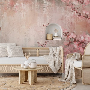 Carta da parati in cemento con rami di fiori di ciliegio | Decorazione da parete | Ristrutturazione casa | Arte della parete | Carta da parati in vinile staccabile e incollabile o non autoadesiva