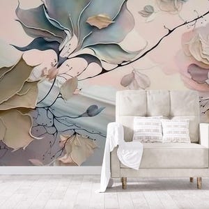 Pastel botanical wallpaper, abstract art | Home Decor | Home Renovation | Wall Art | Peel and Stick Or Non Self-Adhesive Vinyl Wallpaper