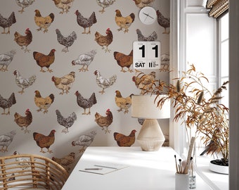 Papier peint animaux de ferme campagnarde, motif poulet | Décoration murale | Rénovation domiciliaire | Papier peint vinyle à décoller et à coller ou non autocollant