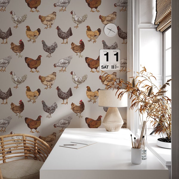 Country farm animal wallpaper, chicken pattern | Wall Decor | Home Renovation | Peel and Stick Or Non Self-Adhesive Vinyl Wallpaper