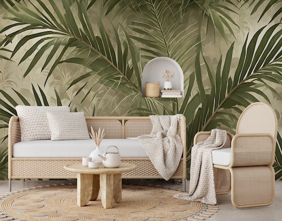 Tropical plant wallpaper, palm tree print | Wall Decor | Home Renovation | Wall Art | Peel and Stick Or Non Self-Adhesive Vinyl Wallpaper