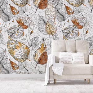 Watercolor autumn leaves Wallpaper | Orange Wall Decor | Home Renovation | Wall Art | Peel and Stick Or Non Self-Adhesive Vinyl Wallpaper