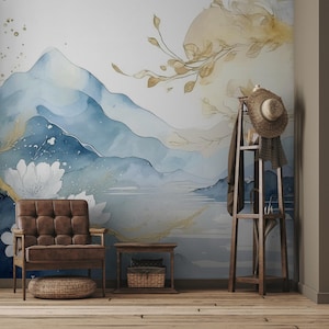 Blue landscape wallpaper | Watercolor mountain Wall Mural | Home Renovation | Wall Art | Peel and Stick Or Non Self-Adhesive Vinyl Wallpaper
