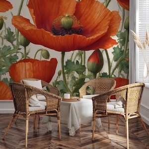 Carta da parati con fiori di papavero rosso, pianta | Ristrutturazione casa | Arte della parete | Carta da parati in vinile staccabile e incollabile o non autoadesiva