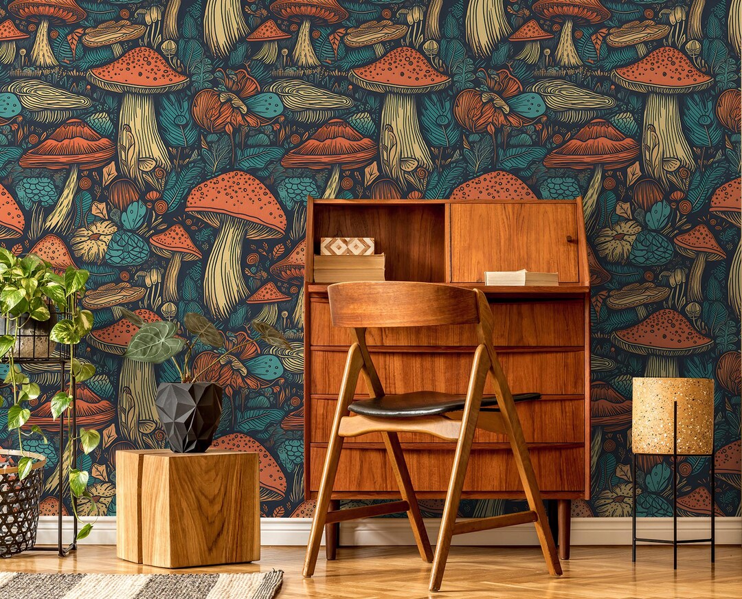 Dark Vintage Mushrooms Wallpaper, Magic Wall Mural Home Renovation Wall ...