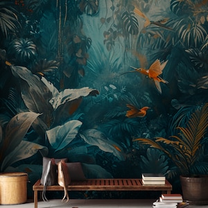 Dunkle Dschungeltapete mit Blumen, Pflanzen und Vögeln Wanddekoration Hausrenovierung Vinyl-Tapete zum Abziehen und Aufkleben oder nicht selbstklebend Bild 2