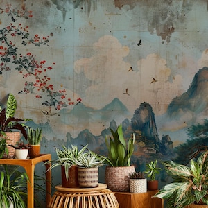 Vintage landscape wallpaper | mountain Wall Mural | Home Renovation | Wall Art | Peel and Stick Or Non Self-Adhesive Vinyl Wallpaper