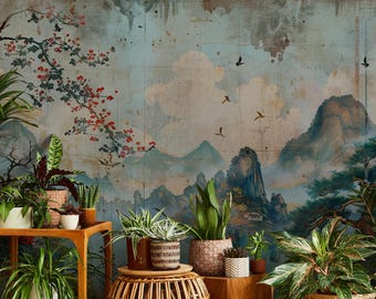 Vintage landscape wallpaper | mountain Wall Mural | Home Renovation | Wall Art | Peel and Stick Or Non Self-Adhesive Vinyl Wallpaper