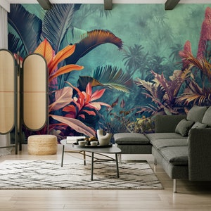 Carta da parati retrò tropicale, decorazioni ad acquerello | Decorazione da parete | Ristrutturazione casa | Carta da parati in vinile staccabile e incollabile o non autoadesiva