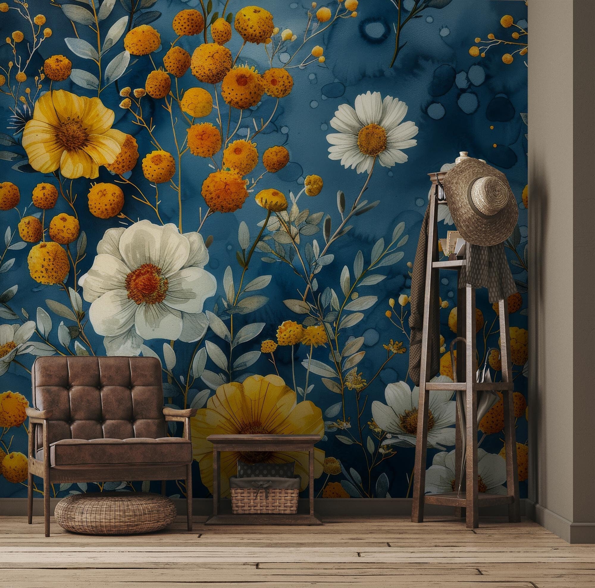 Orange Flower and Leaves | Vintage Botanical Wall Mural | Home