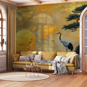Japanische Tapete, Baum und Kranich am See Wandgemälde | Hausrenovierung | Wandkunst | Vinyl-Tapete zum Abziehen und Aufkleben oder nicht selbstklebend