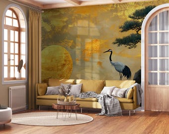 Japanese wallpaper, tree and crane by the lake Wall Mural | Home Renovation | Wall Art | Peel and Stick Or Non Self-Adhesive Vinyl Wallpaper