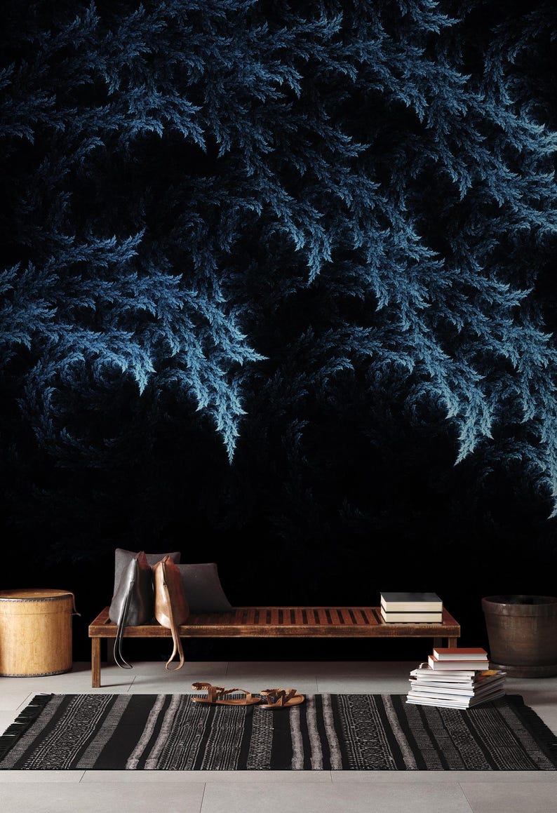 Buy Blue Leaf Wallpaper, Dark Home Decor Home Renovation Wall Art Peel