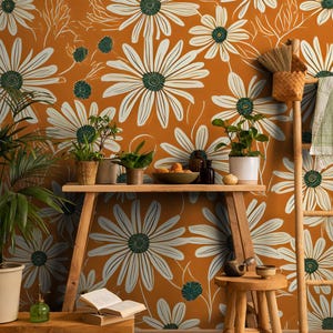 Carta da parati floreale arancione, decorazioni per la casa botaniche | Ristrutturazione casa | Arte della parete | Carta da parati in vinile staccabile e incollabile o non autoadesiva