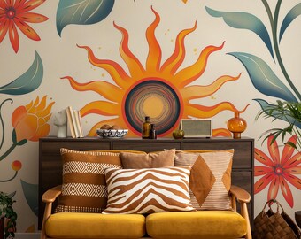 Colorful floral wallpaper, botanical Home Decor | Home Renovation | Wall Art | Peel and Stick Or Non Self-Adhesive Vinyl Wallpaper