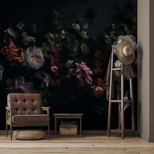 Dark floral wallpaper, botanical Home Decor | Home Renovation | Wall Art | Peel and Stick Or Non Self-Adhesive Vinyl Wallpaper