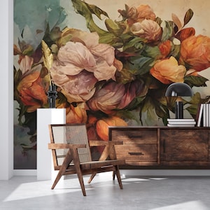 Carta da parati con bouquet floreale, carta da parati verde e arancione | Decorazione da parete | Ristrutturazione casa | Carta da parati in vinile staccabile e incollabile o non autoadesiva