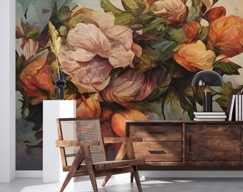 May include: A floral wallpaper mural with a large bouquet of pink, orange, and green flowers. The mural is displayed in a living room setting with a wooden chair and a wooden cabinet.