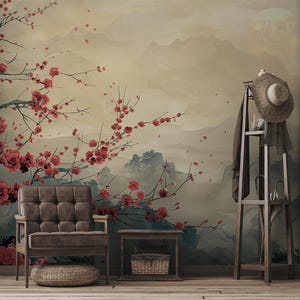 Carta da parati giapponese moderna, fiori di ciliegio Home Decor | Ristrutturazione della casa | Arte murale | Carta da parati in vinile staccabile e attaccabile o non autoadesiva