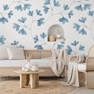 Watercolor Wallpaper, Blue Leaf Home Decor | Home Renovation | Wall Art ...