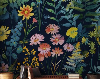 Colorful floral wallpaper | vintage botanical Wall Mural | Home Renovation | Wall Art | Peel and Stick Or Non Self-Adhesive Vinyl Wallpaper