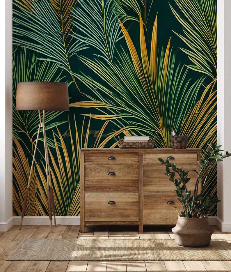 Buy Palm Tree Leaves Wallpaper, Green Wall Mural Home Renovation Wall