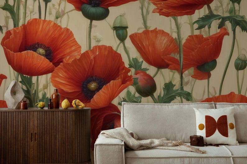 Watercolor Floral Wallpaper, Red Poppy Wall Mural | Home Renovation ...