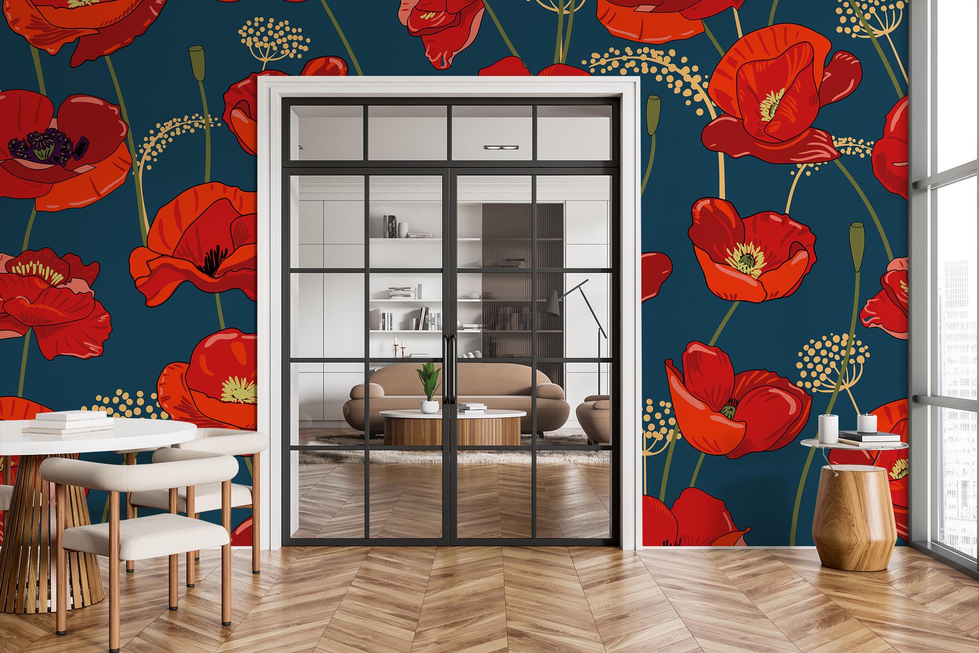 Blue Wallpaper With Red Poppy Flowers Floral Wall Mural Home Renovation ...