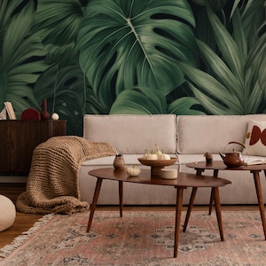 Monstera hinterlässt dunkle Tapete | Tropisches Wandbild | Hausrenovierung | Wandkunst | Vinyl-Tapete zum Abziehen und Aufkleben oder nicht selbstklebend