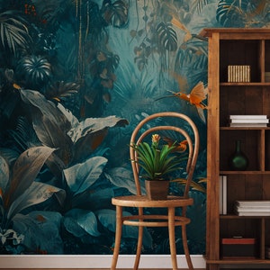 Dunkle Dschungeltapete mit Blumen, Pflanzen und Vögeln Wanddekoration Hausrenovierung Vinyl-Tapete zum Abziehen und Aufkleben oder nicht selbstklebend Bild 6