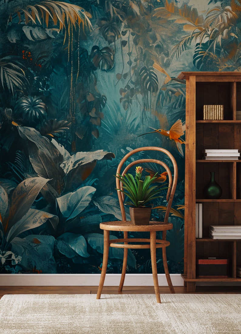 Dunkle Dschungeltapete mit Blumen, Pflanzen und Vögeln Wanddekoration Hausrenovierung Vinyl-Tapete zum Abziehen und Aufkleben oder nicht selbstklebend Bild 6