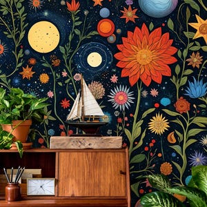 Carta da parati colorata floreale astratta, decorazioni per la casa a foglia | Ristrutturazione casa | Arte della parete | Carta da parati in vinile staccabile e incollabile o non autoadesiva