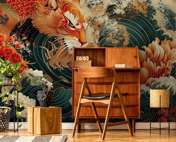 Japanese oriental wallpaper, vintage tiger Home Decor | Home Renovation | Wall Art | Peel and Stick Or Non Self-Adhesive Vinyl Wallpaper