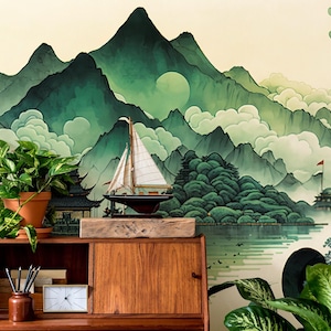 Green landscape | Mountain and lake Wall Mural | Home Renovation | Wall Art | Peel and Stick Or Non Self-Adhesive Vinyl Wallpaper