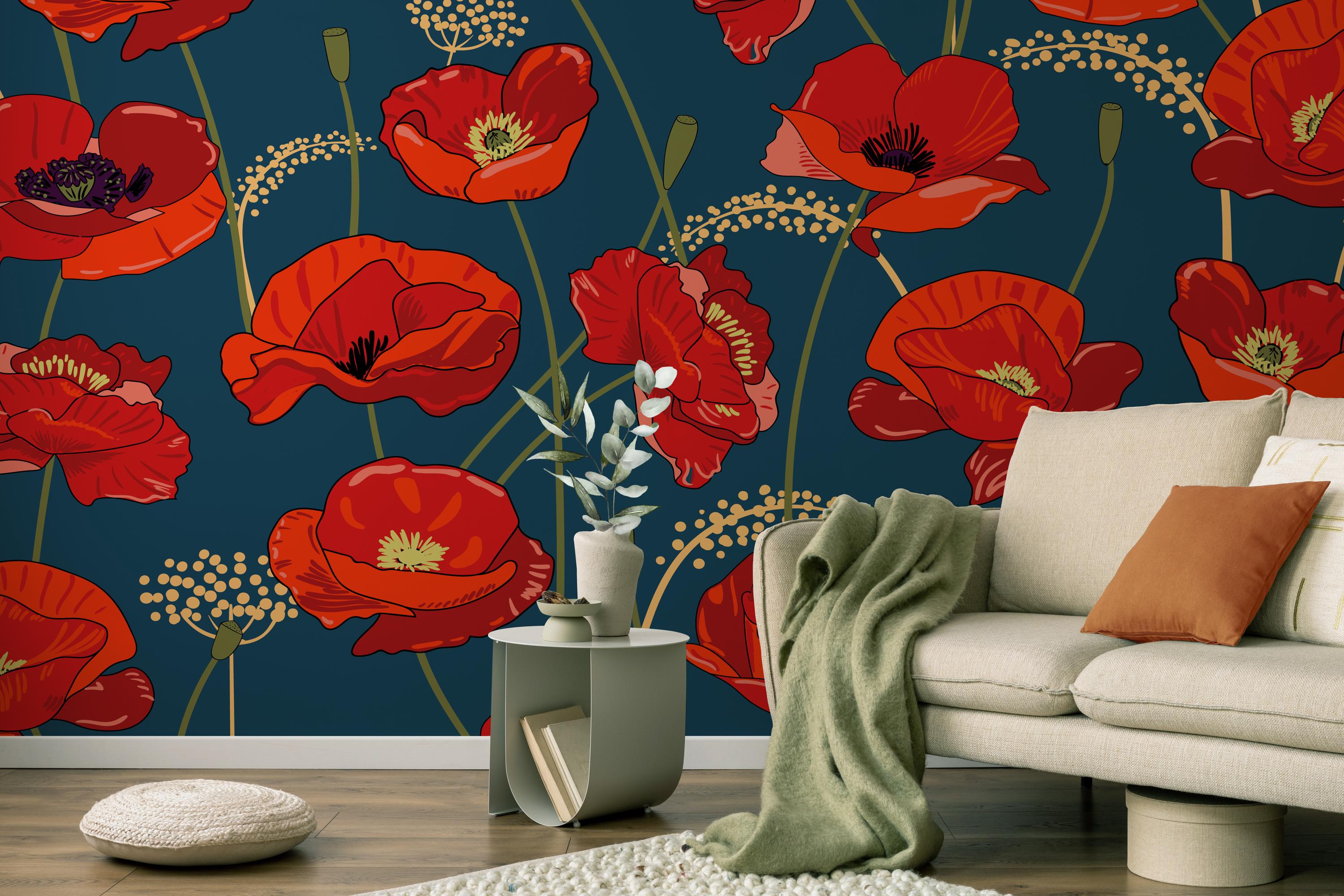 Blue Wallpaper With Red Poppy Flowers Floral Wall Mural Home Renovation ...