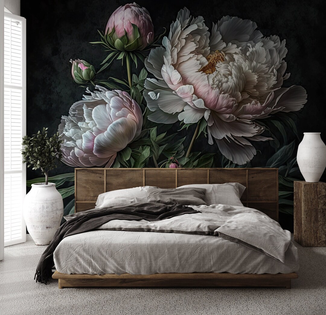Dark Floral Wallpaper, Peony Flower | Wall Decor | Home Renovation ...