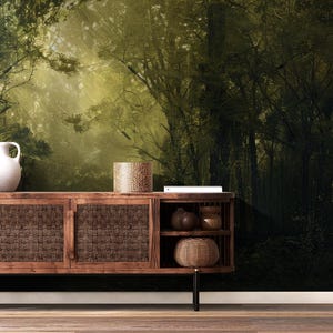 Dark forest wallpaper, Green woodland Wall Mural | Home Renovation | Wall Art | Peel and Stick Or Non Self-Adhesive Vinyl Wallpaper