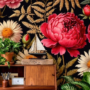Vintage botanical flower wallpaper, floral Wall Mural | Home Renovation | Wall Art | Peel and Stick Or Non Self-Adhesive Vinyl Wallpaper