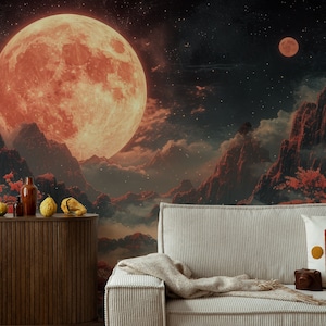Full moon wallpaper, mountain landscape | Wall Decor | Home Renovation | Peel and Stick Or Non Self-Adhesive Vinyl Wallpaper