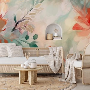Abstrakte florale Boho-Tapete | Botanisches Wandbild | Hausrenovierung | Wandkunst | Vinyl-Tapete zum Abziehen und Aufkleben oder nicht selbstklebend