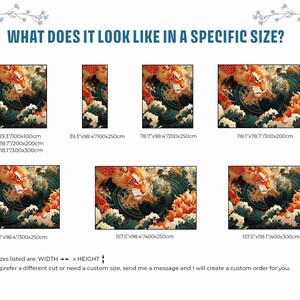K&ouml;nnte beinhalten: Eine farbenfrohe Illustration eines Tigers, der aus einer Welle auftaucht, mit einer roten und orangefarbenen Blume im Hintergrund. Das Bild zeigt verschiedene Gr&ouml;&szlig;en der Illustration, mit Ma&szlig;en in Zoll und Zentimetern.