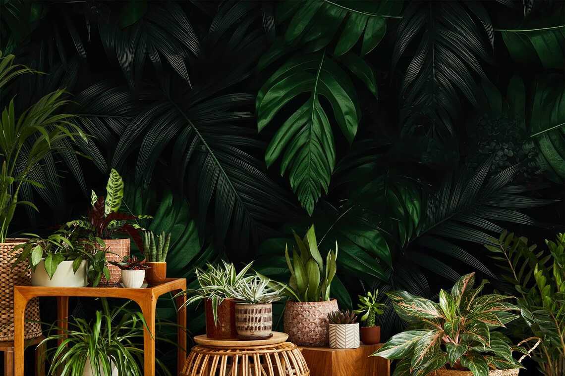 Dark Green Tropical Wallpaper, Palm Leaf Wall Decor Home Renovation ...