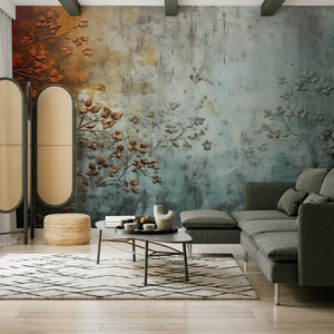 Carta da parati floreale astratta con grunge naturale | Decorazione da parete | Ristrutturazione casa | Carta da parati in vinile staccabile e incollabile o non autoadesiva
