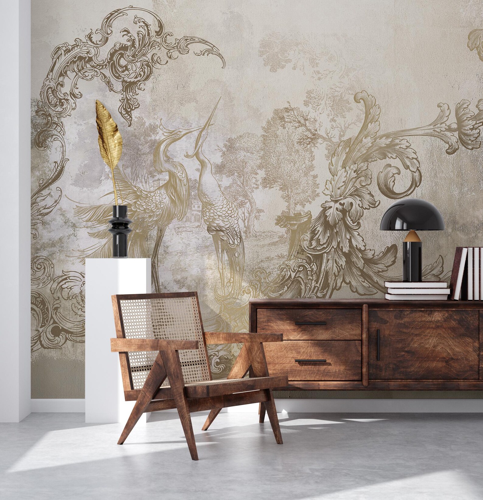 Modern Rococo Wallpaper | Bird Grunge Wall Mural | Home Renovation ...
