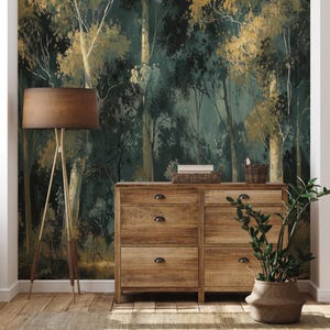 Dark forest wallpaper, woodland Wall Mural | Home Renovation | Wall Art | Peel and Stick Or Non Self-Adhesive Vinyl Wallpaper